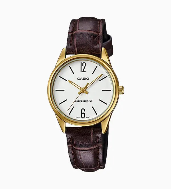 Casio Analog LTP-V005GL-7B women's watch with a white dial, gold-tone case, and brown leather strap.