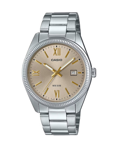 Casio General MTP-1302DD-9A men's stainless steel analog watch with a gold-tone dial, featuring a date display and a classic round case design.