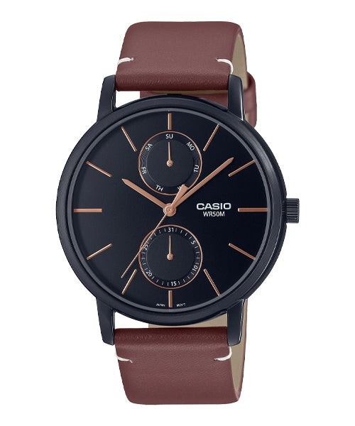 Casio Men's MTP-B310BL-5A, stylish analog wristwatch with brown leather strap and sleek black dial.