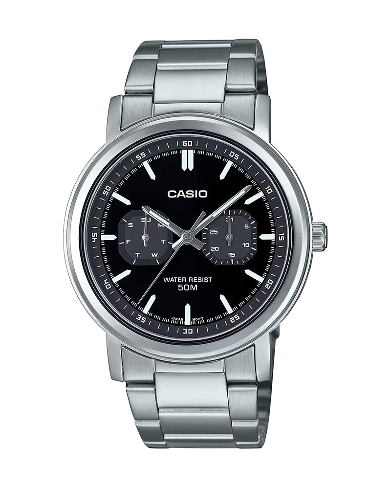 Casio General MTP-E335D-1E men's analog wristwatch with a sleek silver stainless steel strap, black dial, and bold hour markers for a stylish and professional look.