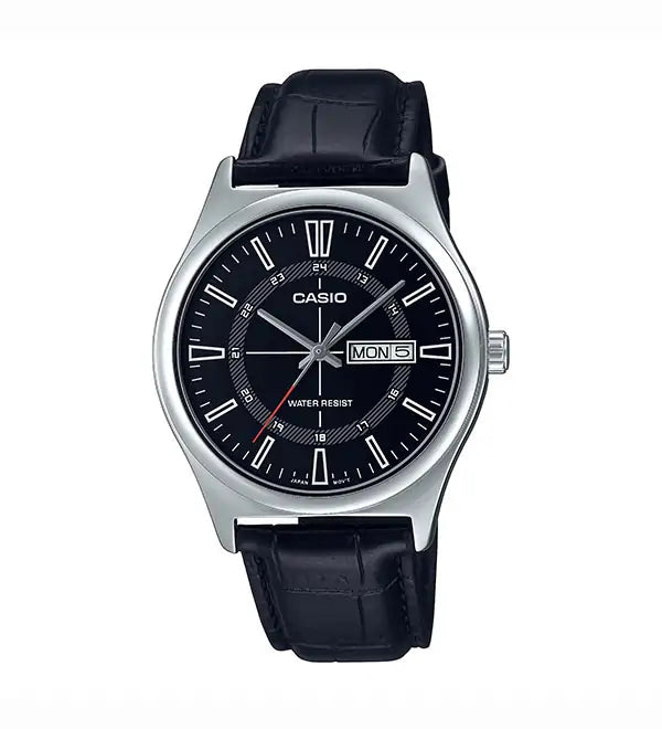 Casio MTP-V006L-1C Men's Quartz Watch with Sleek Black Dial and Leather Band.