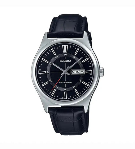 Casio MTP-V006L-1C Men's Quartz Watch with Sleek Black Dial and Leather Band.