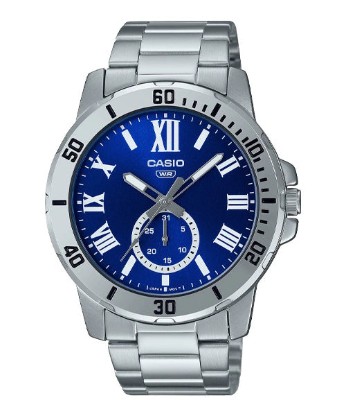 Casio General Men's Watch MTP-VD200D-2B, silver metal band with a blue dial, durable design, and classic style.