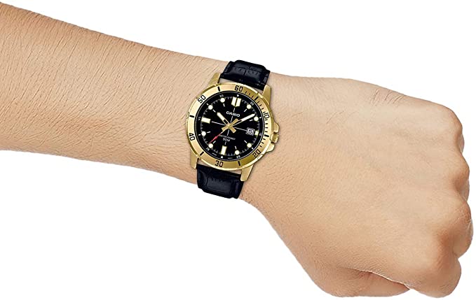 Casio MTP - VD01GL - 1EVUDF Men's Enticer Gold Tone Leather Band Black Dial Casual Analog Sporty Watch - Zamana.pk