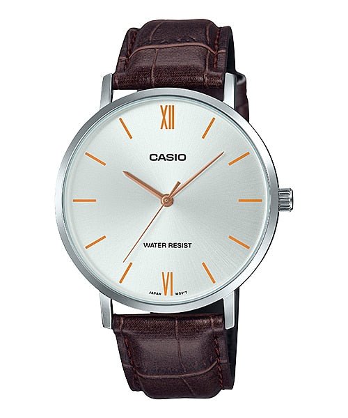 Casio MTP - VT01L - 7B2UDF Men's Minimalistic Silver Dial Brown Leather Band Analog Watch - Zamana.pk