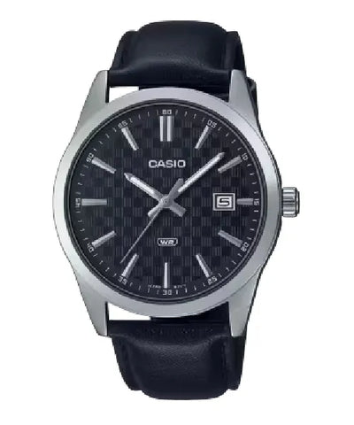 Casio General Men's Watch – MTP-VD03L-1A, sleek black dial with leather strap, analog display, and minimalist design.