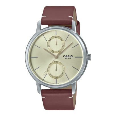 Casio Men Watch MTP-B310L-9A with leather strap and gold-tone dial