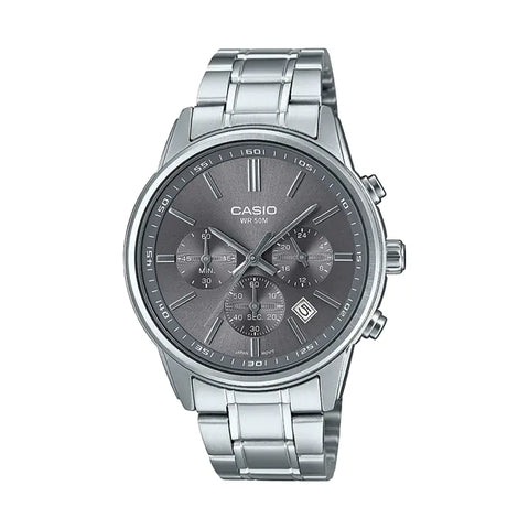 Casio Men MTP-E515D-8A: A sleek and stylish wristwatch featuring a stainless steel band, silver-tone case, and a classic analog dial with luminous hands and markers, perfect for both formal and casual occasions.