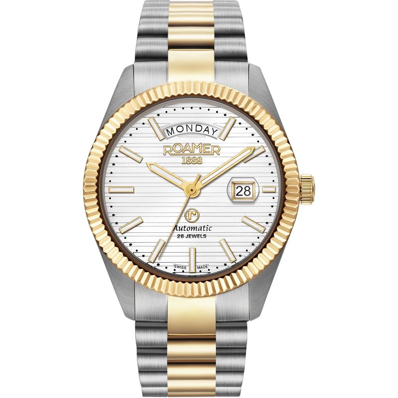 Roamer 981666 47 25 50 Mens Roamer Primeline Daydate II White Pattern Dial Yellow Gold Bicolour Automatic Watch - Zamana.pk