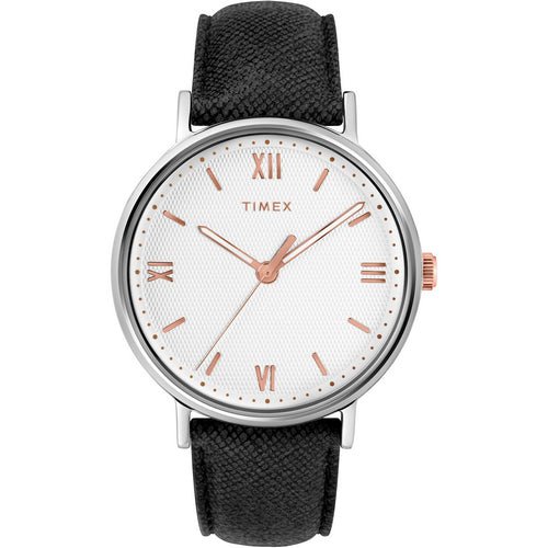 Timex Men's TW2T34700 Southview 41 Black - White - Rose Gold Leather Strap Watch - Zamana.pk